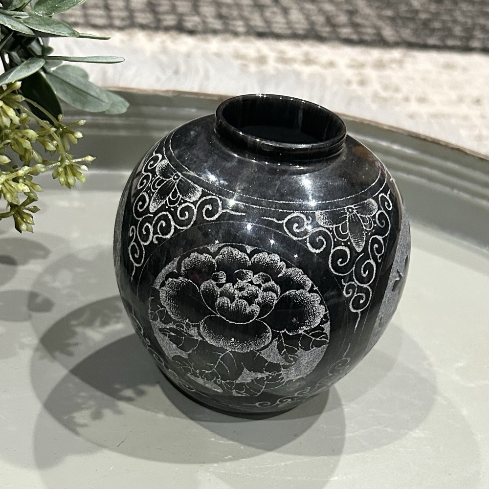 Black Marble Vase Hand Carved Etched Pot Art Vase Approximately 4" W x 4" H